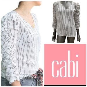 143B. CAbi #3958 Women's Black and White Ruched Sleeve Blouse - Size Medium